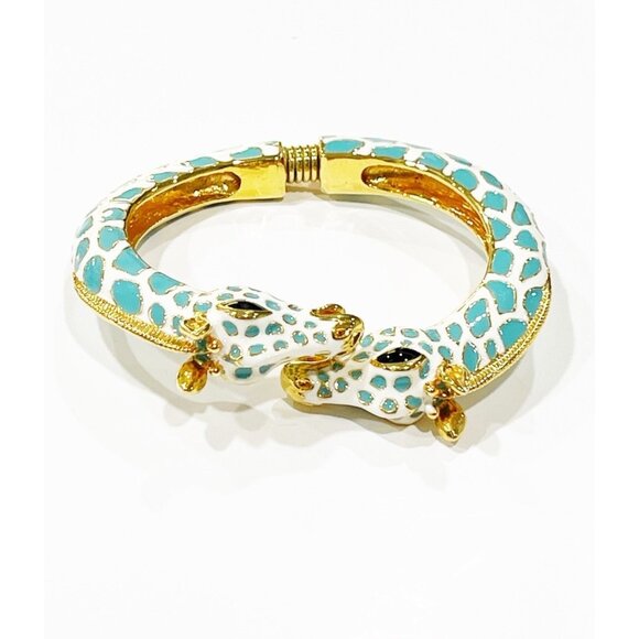 VTG KJL Kenneth Jay Lane Giraffe Blue Enamel Gold Tone Hinged Bracelet Bangle - Picture 7 of 7